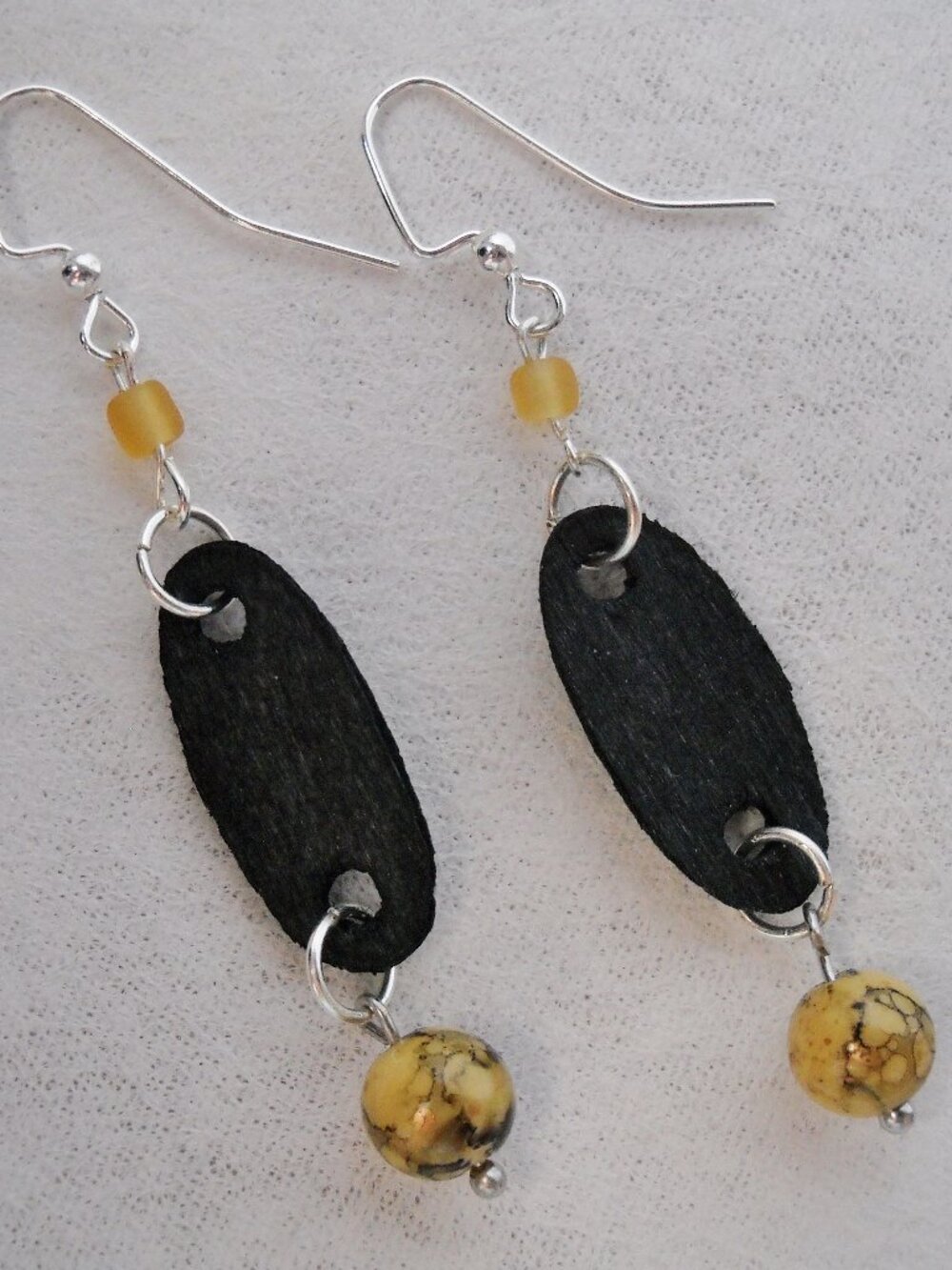 Black Wood Earrings Buff Brown Gold Beaded Handmade Unique OOAK Dangle Gift New